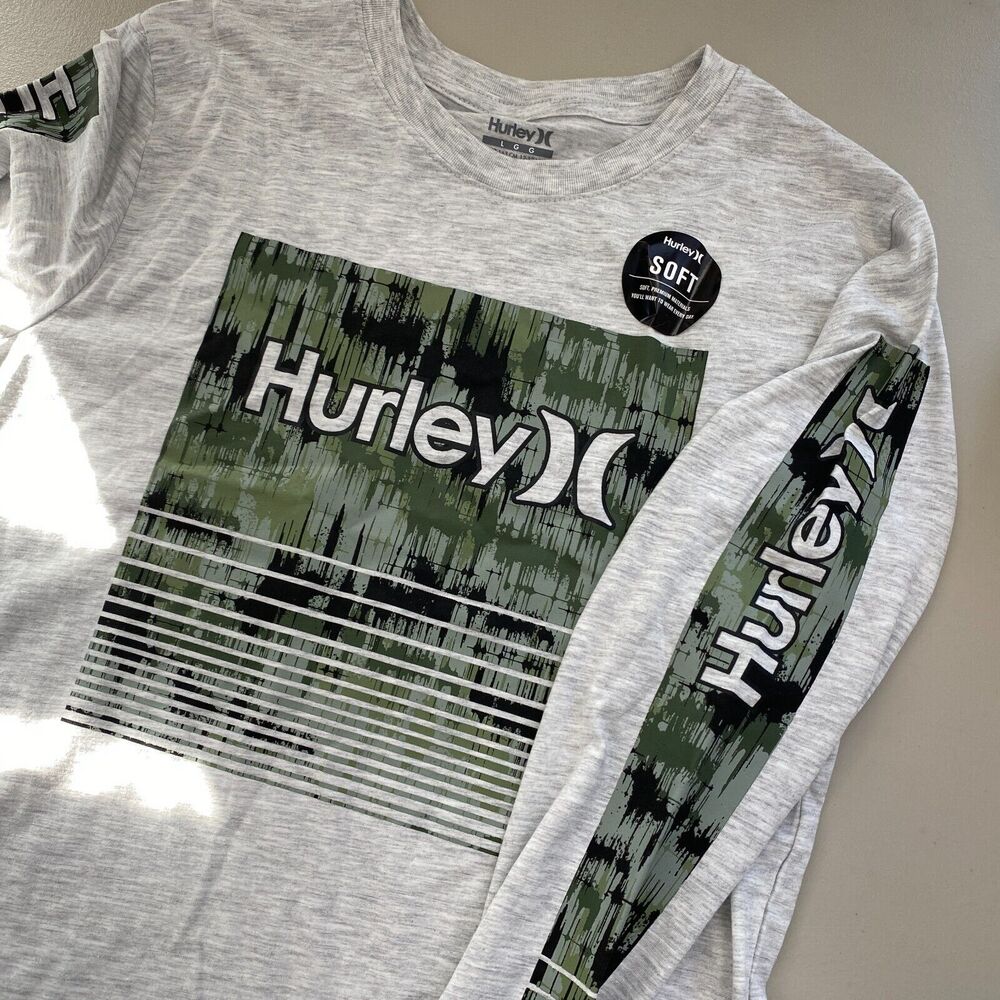 Hurley Long Sleeve T shirt Boys Large Gray Camo Spellout Logo NEW - Picture 2 of 8